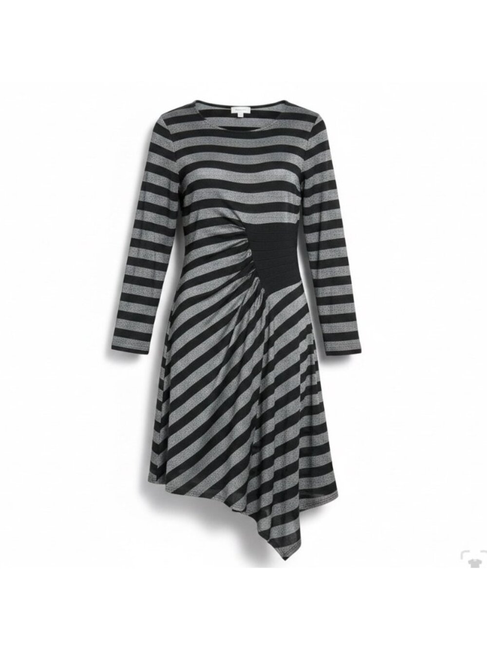 Beige By Eci Womens Black & Silver Striped Long Sleeve Asymmetric Dress Sz L
